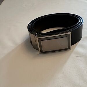 Black Leather Belt with Rectangular Silver Buckle